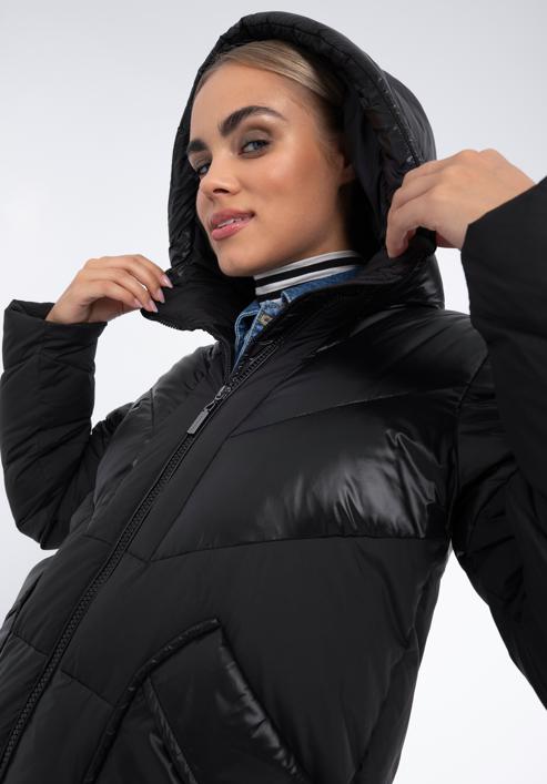 Damski płaszcz puchowy z łączonych materiałów z kapturem, czarny, 97-9D-405-9-3XL, Zdjęcie 5