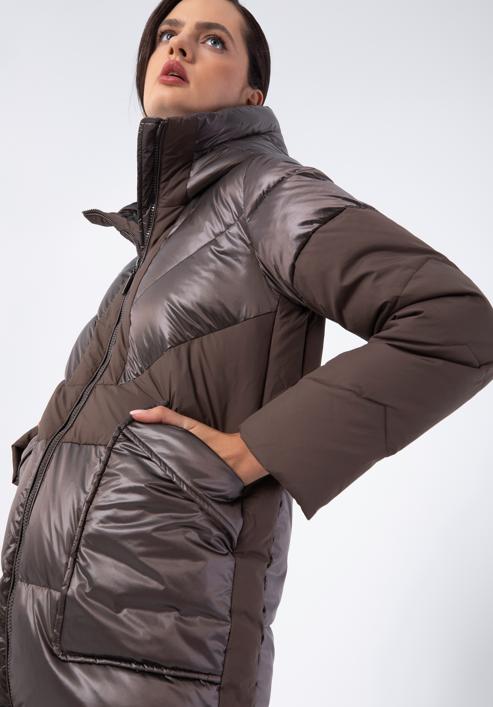 Damski płaszcz puchowy z łączonych materiałów z kapturem, beżowy, 97-9D-405-1-XL, Zdjęcie 6