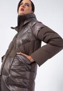Damski płaszcz puchowy z łączonych materiałów z kapturem, beżowy, 97-9D-405-1-S, Zdjęcie 6