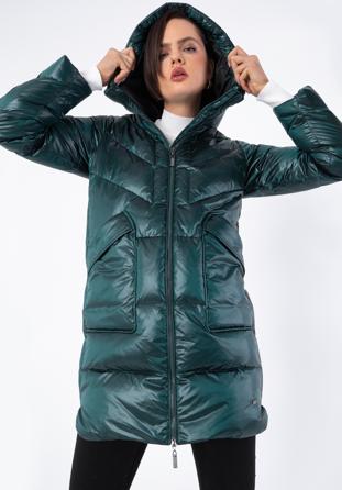 Damski płaszcz puchowy z nylonu z kapturem, zielony, 97-9D-405-Z-2XL, Zdjęcie 1