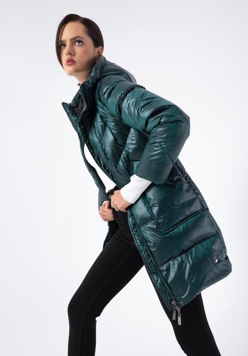 Damski płaszcz puchowy z nylonu z kapturem, zielony, 97-9D-405-Z-L, Zdjęcie 2