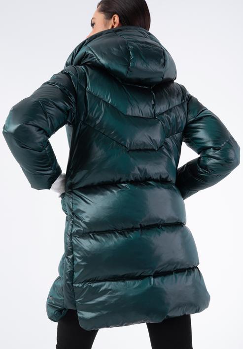 Damski płaszcz puchowy z nylonu z kapturem, zielony, 97-9D-405-Z-L, Zdjęcie 4