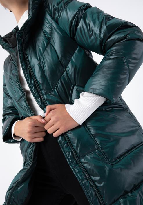 Damski płaszcz puchowy z nylonu z kapturem, zielony, 97-9D-405-Z-L, Zdjęcie 5