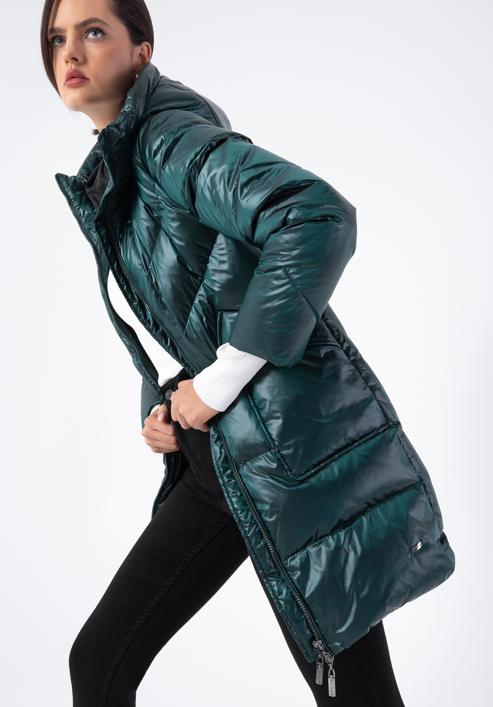 Damski płaszcz puchowy z nylonu z kapturem, zielony, 97-9D-405-Z-S, Zdjęcie 6