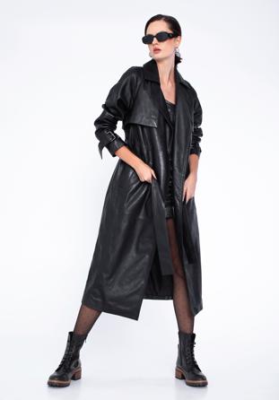 Damski płaszcz skórzany długi, czarny, 97-09-200-1-M, Zdjęcie 1