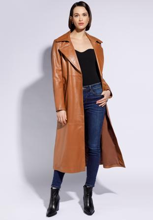Women's leather coat with belt, brown, 96-09-802-5-S, Photo 1