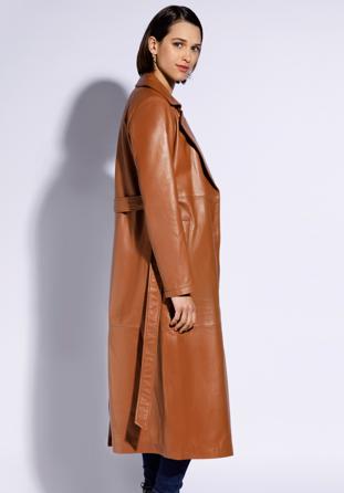 Damski płaszcz skórzany z paskiem, brązowy, 96-09-802-5-L, Zdjęcie 1