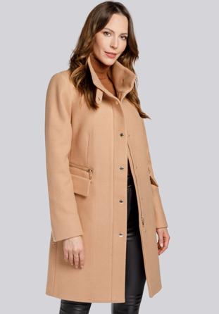Damski płaszcz z dodatkiem wełny prosty, beżowy, 93-9W-700-5-XL, Zdjęcie 1