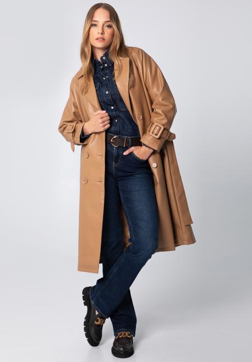 Damski płaszcz z ekoskóry dwurzędowy z paskiem, brązowy, 97-9P-100-1-XL, Zdjęcie 1
