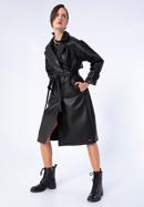 Damski płaszcz z ekoskóry dwurzędowy z paskiem, czarny, 97-9P-100-Z-XL, Zdjęcie 1