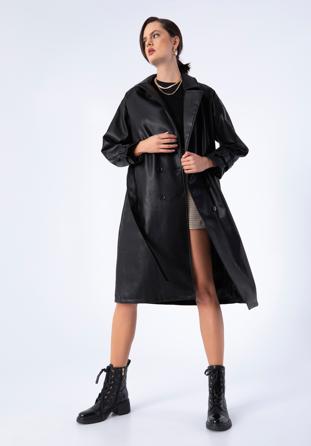 Damski płaszcz z ekoskóry dwurzędowy z paskiem, czarny, 97-9P-100-1-L, Zdjęcie 1