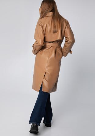 Damski płaszcz z ekoskóry dwurzędowy z paskiem, brązowy, 97-9P-100-5-L, Zdjęcie 1