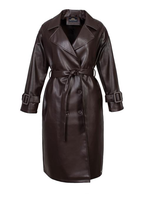 Damski płaszcz z ekoskóry dwurzędowy z paskiem, ciemny brąz, 97-9P-100-Z-2XL, Zdjęcie 20