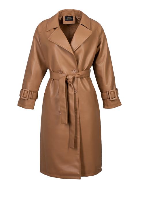 Damski płaszcz z ekoskóry dwurzędowy z paskiem, brązowy, 97-9P-100-4-XL, Zdjęcie 20