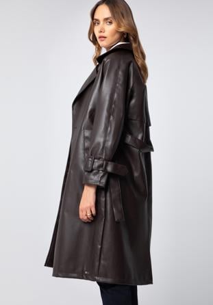 Damski płaszcz z ekoskóry dwurzędowy z paskiem, ciemny brąz, 97-9P-100-4-XL, Zdjęcie 1