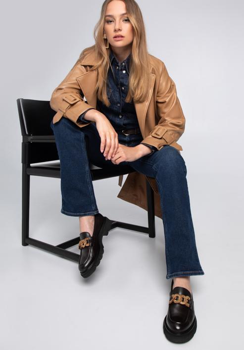 Damski płaszcz z ekoskóry dwurzędowy z paskiem, brązowy, 97-9P-100-Z-XL, Zdjęcie 5