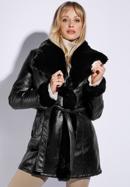 Faux leather coat with faux fur collar, black, 95-9P-107-1-L, Photo 1