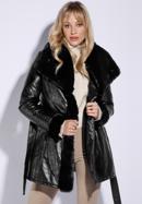 Faux leather coat with faux fur collar, black, 95-9P-107-1-L, Photo 2