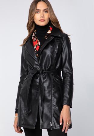 Women's faux leather belted coat, black-graphite, 97-9P-101-1S-S, Photo 1