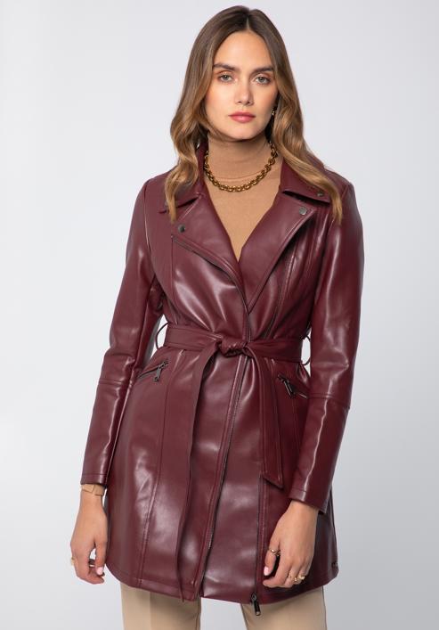 Women's faux leather belted coat, cherry, 97-9P-101-1P-S, Photo 1