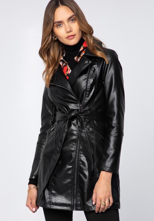 Women's faux leather belted coat, black-graphite, 97-9P-101-3-L, Photo 2