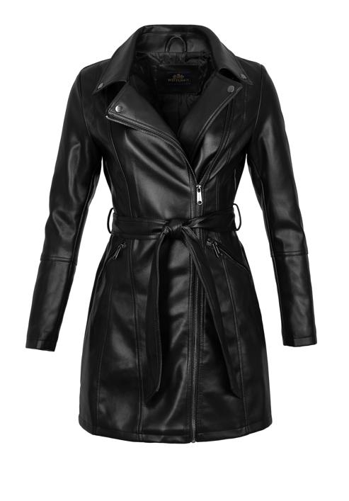 Damski płaszcz z ekoskóry z paskiem, czarny, 97-9P-101-1P-XL, Zdjęcie 20