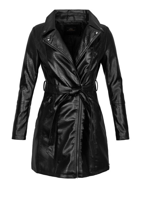 Damski płaszcz z ekoskóry z paskiem, czarno-grafitowy, 97-9P-101-1S-M, Zdjęcie 20