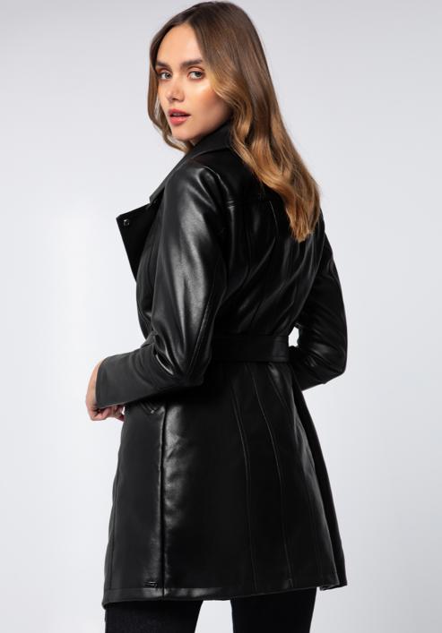 Women's faux leather belted coat, black, 97-9P-101-1S-L, Photo 3
