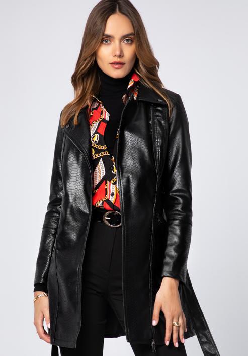 Women's faux leather belted coat, black-graphite, 97-9P-101-3-M, Photo 3