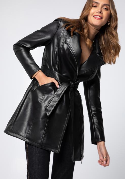 Women's faux leather belted coat, black, 97-9P-101-1P-S, Photo 10