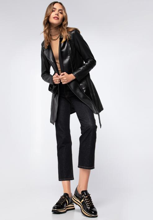 Women's faux leather belted coat, black, 97-9P-101-1P-L, Photo 5