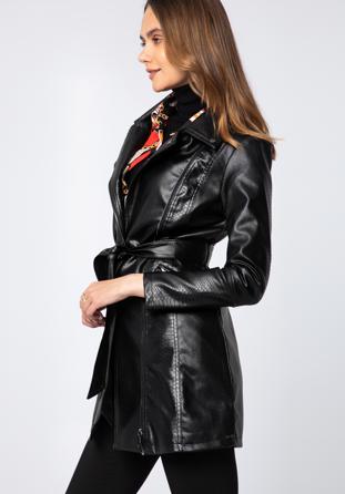 Damski płaszcz z ekoskóry z paskiem, czarno-grafitowy, 97-9P-101-1S-XL, Zdjęcie 1