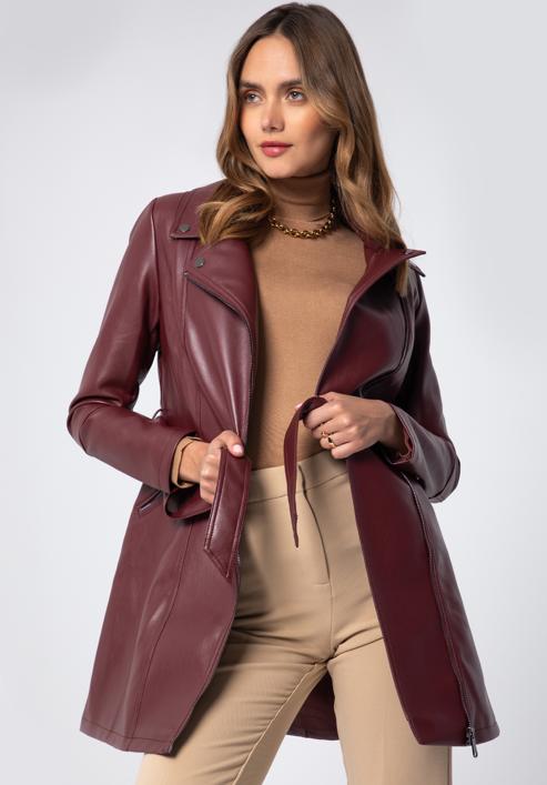 Women's faux leather belted coat, cherry, 97-9P-101-3-L, Photo 5