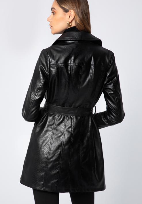 Damski płaszcz z ekoskóry z paskiem, czarno-grafitowy, 97-9P-101-3-M, Zdjęcie 6