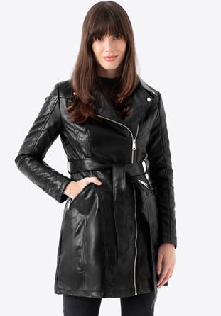 Women's faux leather belted coat with quilted detail, black, 97-9P-101-1Q-S, Photo 1