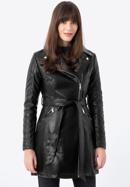 Women's faux leather belted coat with quilted detail, black, 97-9P-101-1Q-S, Photo 2