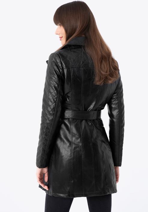 Women's faux leather belted coat with quilted detail, black, 97-9P-101-1Q-S, Photo 5