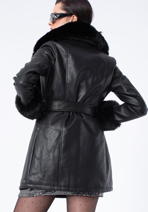 Damski płaszcz z ekoskóry ze wstawkami ze sztucznego futerka, czarny, 97-9P-108-1-L, Zdjęcie 6