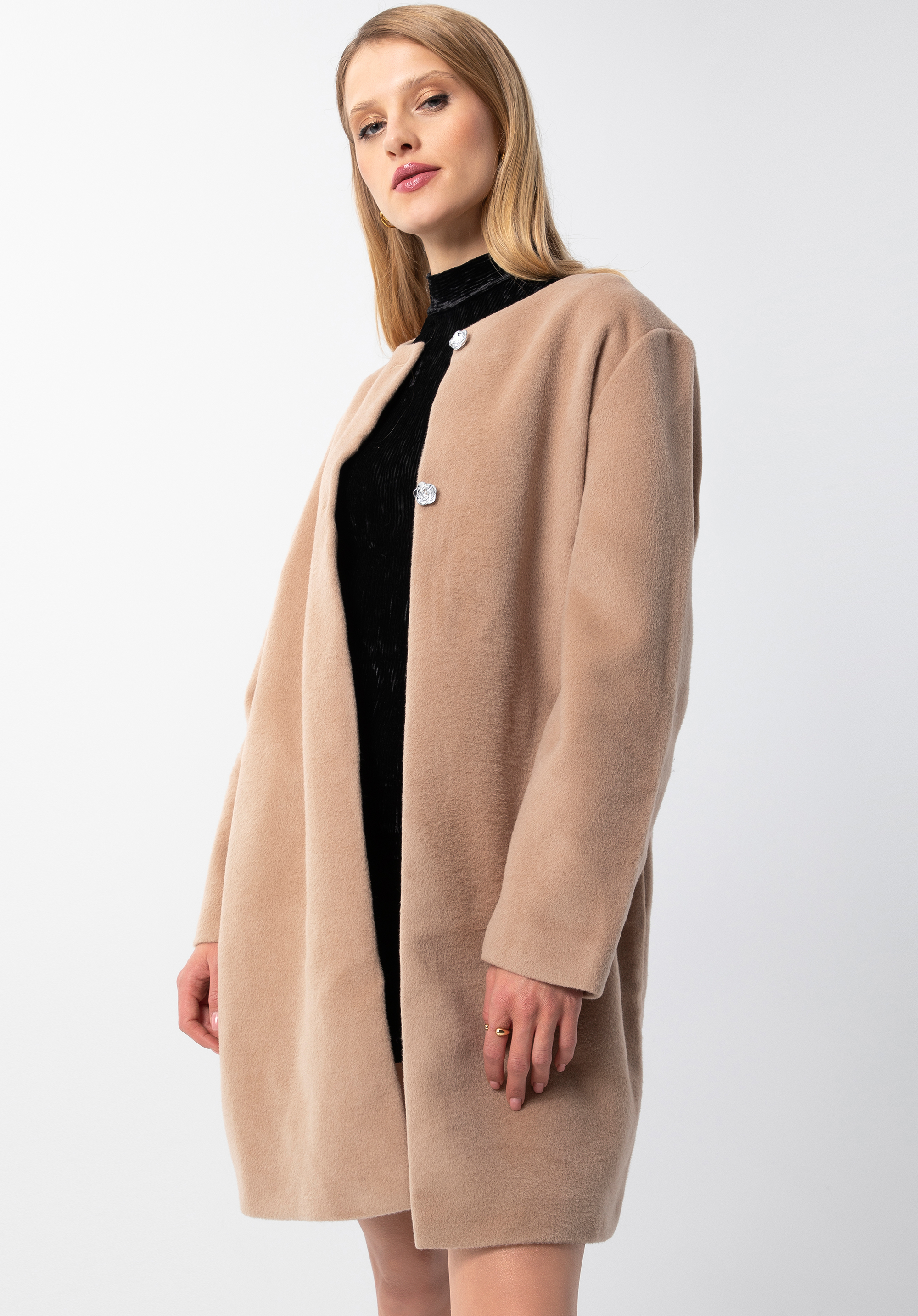 Damski płaszcz z wełną oversize, beżowy, 89-9W-K02-4-L, Zdjęcie 1