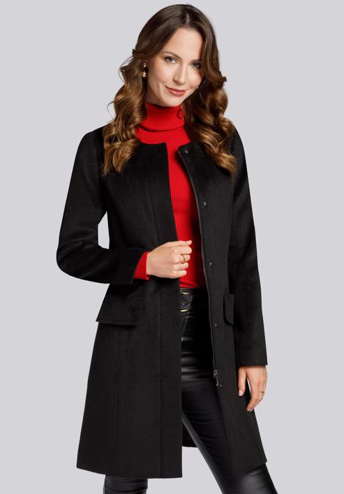 Damski płaszcz z wełną pudełkowy, czarny, 93-9W-702-0-2XL, Zdjęcie 1