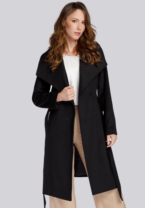 Damski płaszcz z wełną szlafrokowy, czarny, 93-9W-701-5-L, Zdjęcie 1