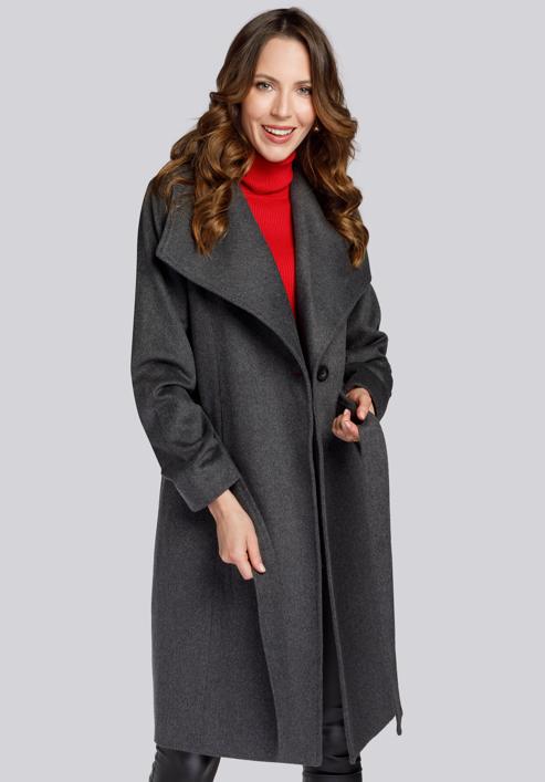 Damski płaszcz z wełną szlafrokowy, szary, 93-9W-701-8-XL, Zdjęcie 2