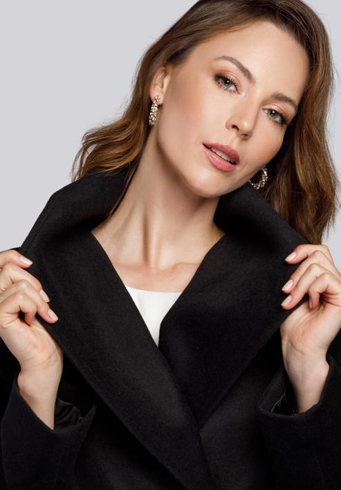 Damski płaszcz z wełną szlafrokowy, czarny, 93-9W-701-8-XL, Zdjęcie 4