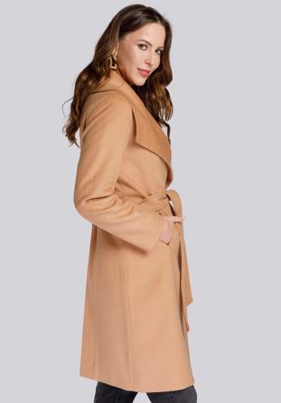 Damski płaszcz z wełną szlafrokowy, beżowy, 93-9W-701-5-2XL, Zdjęcie 1
