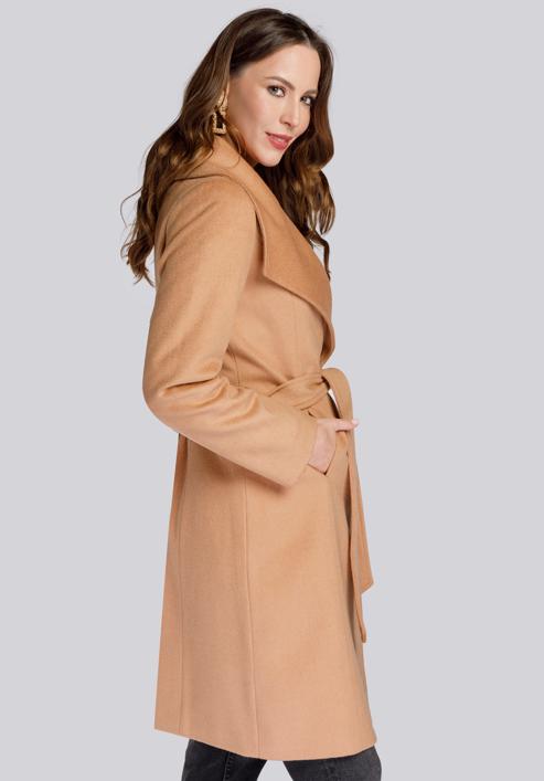 Damski płaszcz z wełną szlafrokowy, beżowy, 93-9W-701-8-XL, Zdjęcie 4