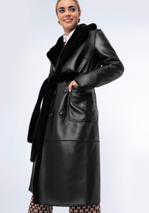 Women's reversible belted coat, black, 97-9W-004-5-L, Photo 1