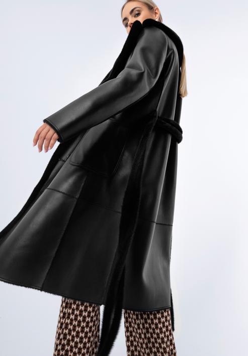 Damski płaszcz z wiązaniem dwustronny, czarny, 97-9W-004-1-L, Zdjęcie 4