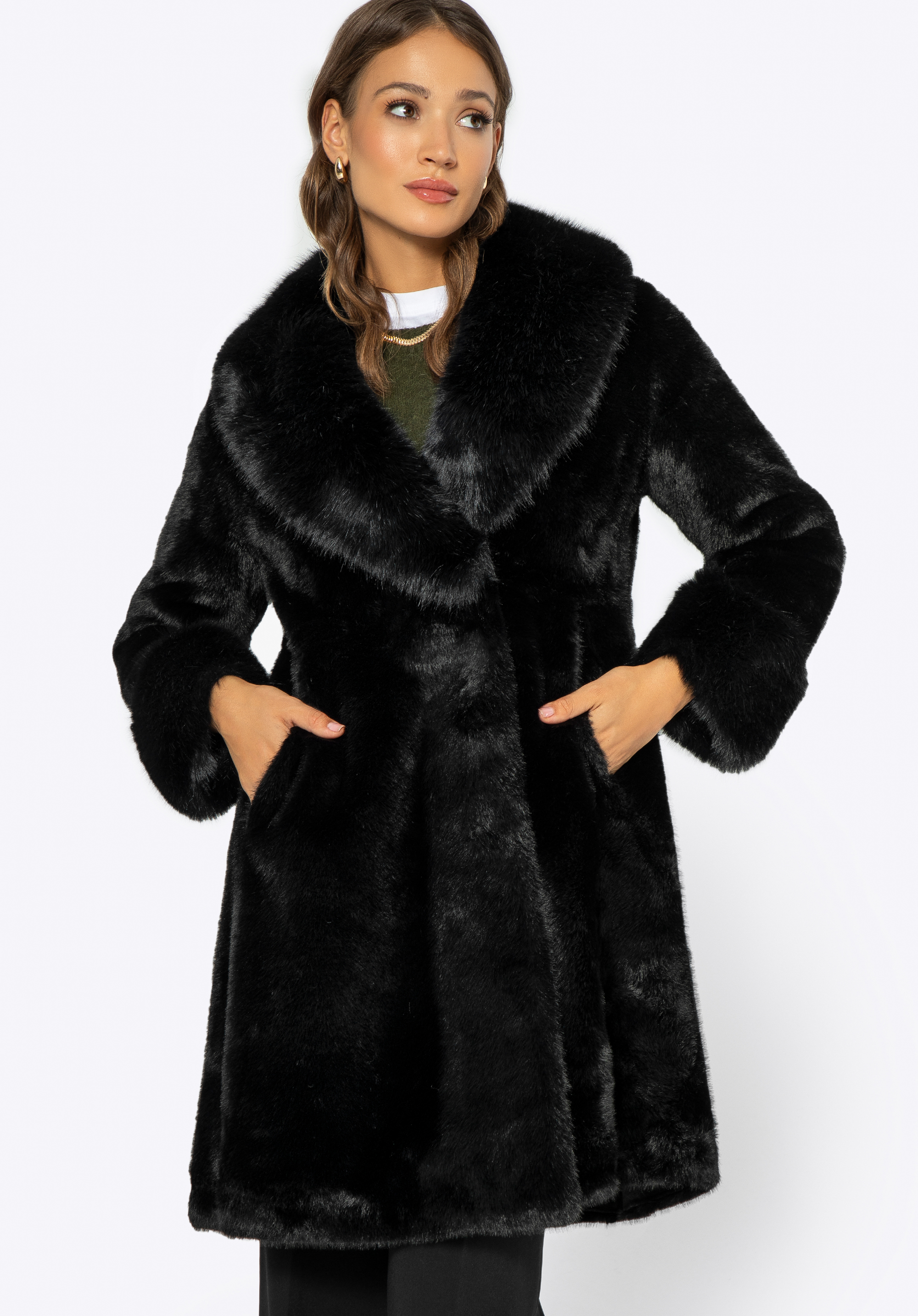 Damski płaszcz z wykładanym kołnierzem, czarny, 99-9W-003-1-XL, Zdjęcie 1