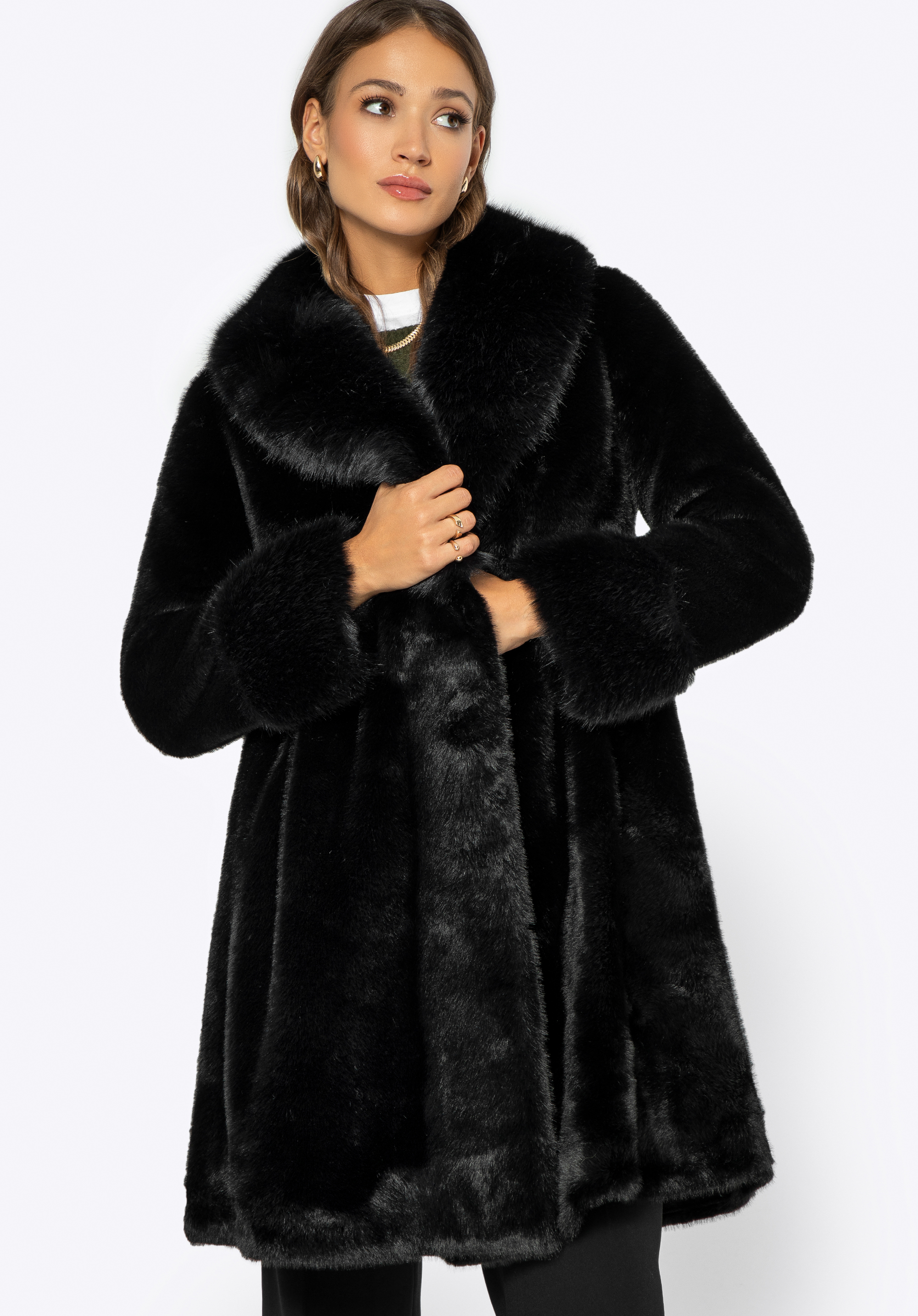 Damski płaszcz z wykładanym kołnierzem, czarny, 99-9W-003-1-XL, Zdjęcie 1