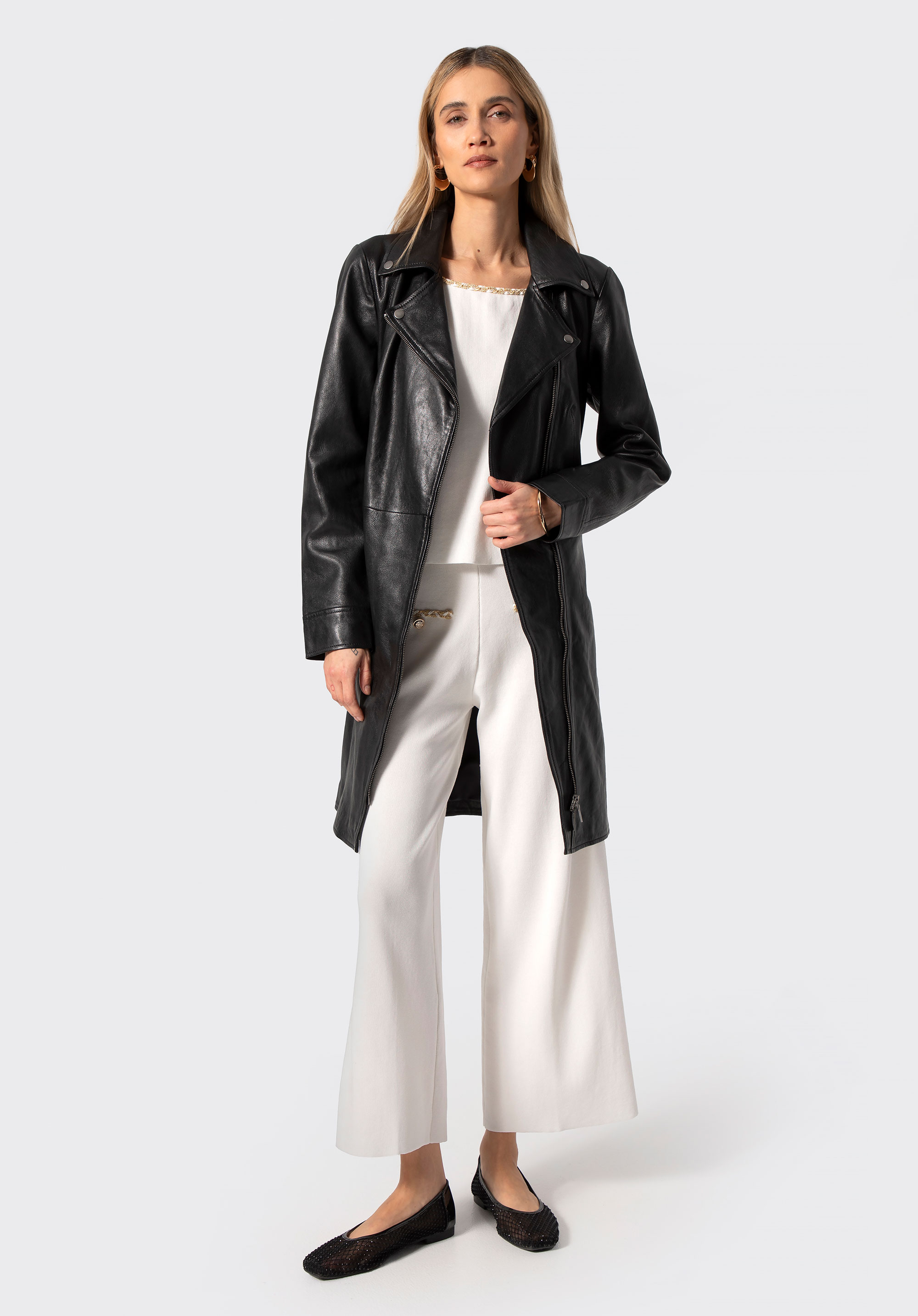 WITTCHEN Damski płaszcz ze skóry z paskiem czarny